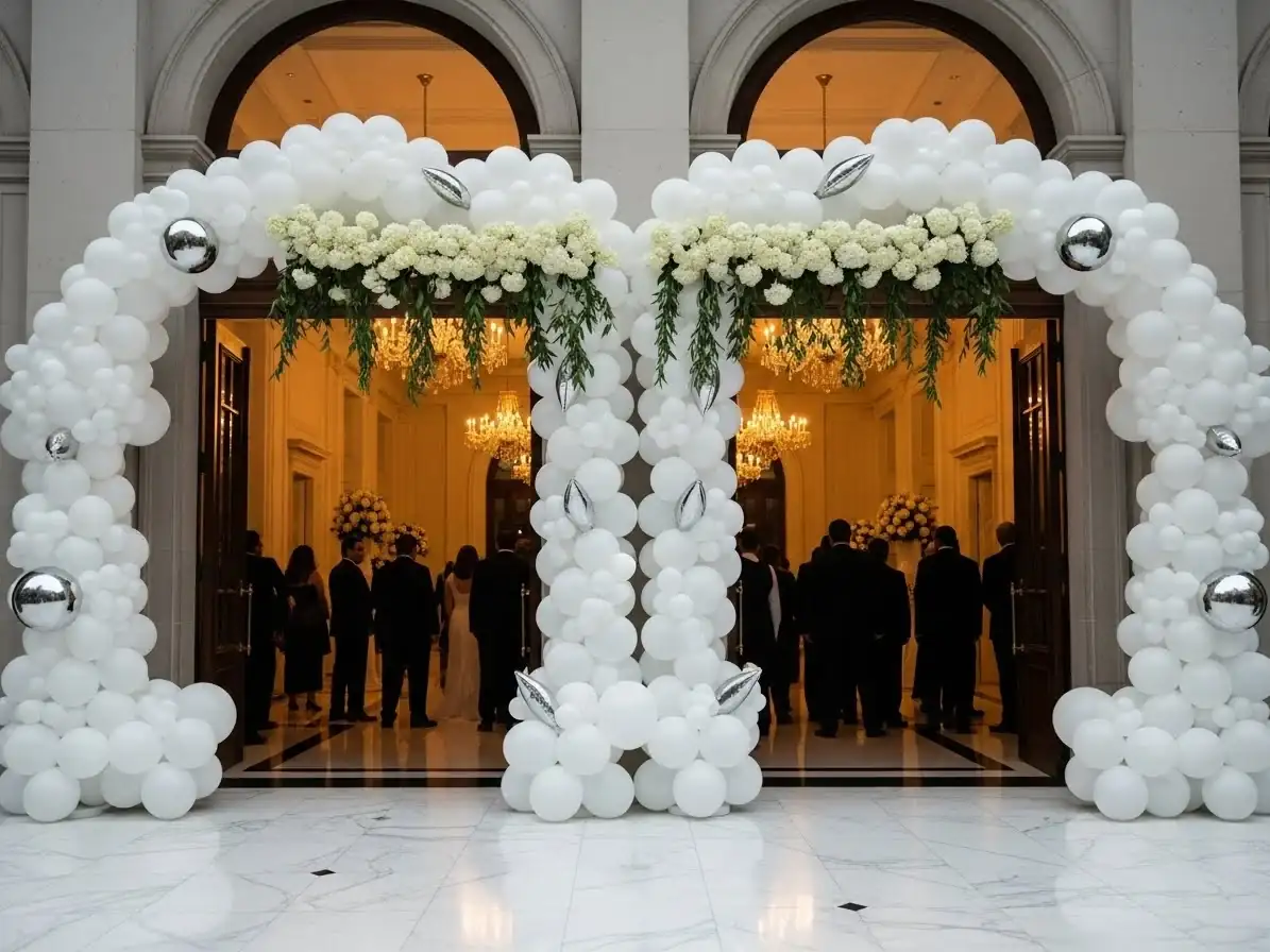 Decoración con globos blancos y flores en la entrada de un salón