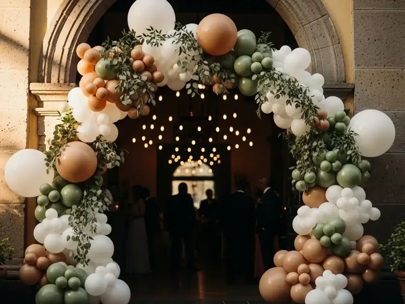 Arco orgánico de globos terracota, blanco y verde con eucalipto en la entrada de una boda, CDMX