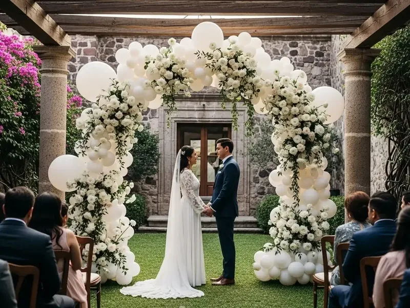 Arco de globos blancos con flores blancas enmarcando a los novios durante la ceremonia de boda en un jardín, con los invitados sentados