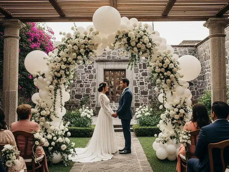 Novios tomados de la mano frente a un arco de globos blancos con rosas y follaje, bajo pérgola de cantera en una boda de jardín en CDMX