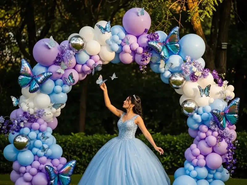 Arco de globos en lila, azul cielo y blanco con mariposas foil tornasol y esferas plateadas, con la quinceañera de vestido azul en el jardín