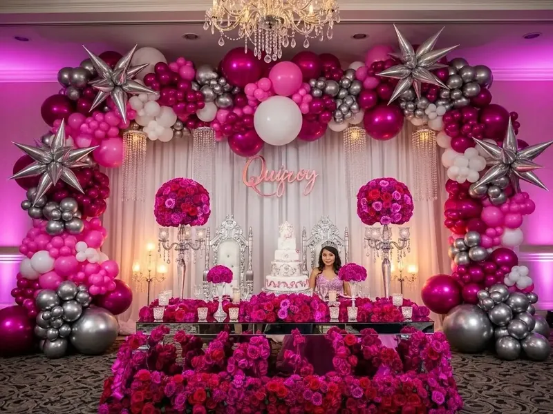 Montaje de mesa principal de XV años con arco de globos en fucsia, plata cromada y blanco, estrellas metálicas, arreglos florales y letrero luminoso detrás del pastel