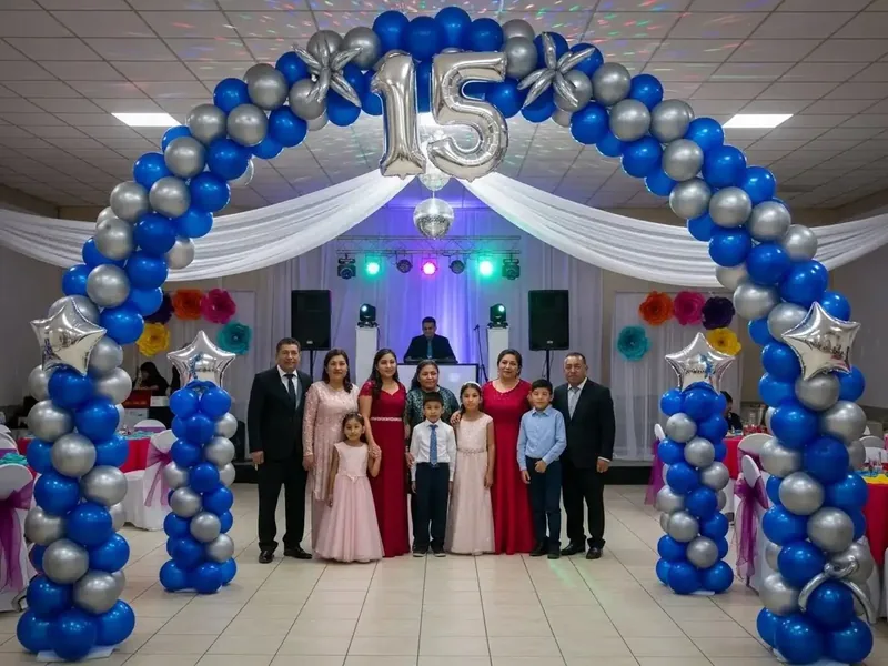 Arco clásico de globos azul y plata con número 15 en salón de fiestas de XV años