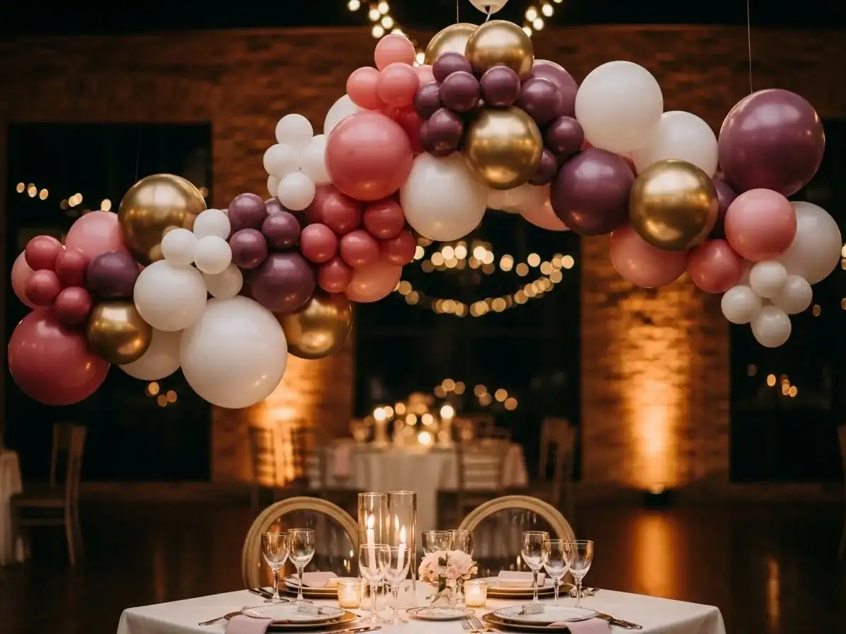 Guirnalda de globos suspendida sobre mesa de banquete