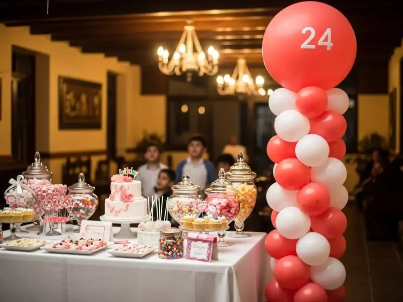 Dos columnas de globos en rosa y blanco con remate del número 24, a los lados de un candy bar montado en una terraza