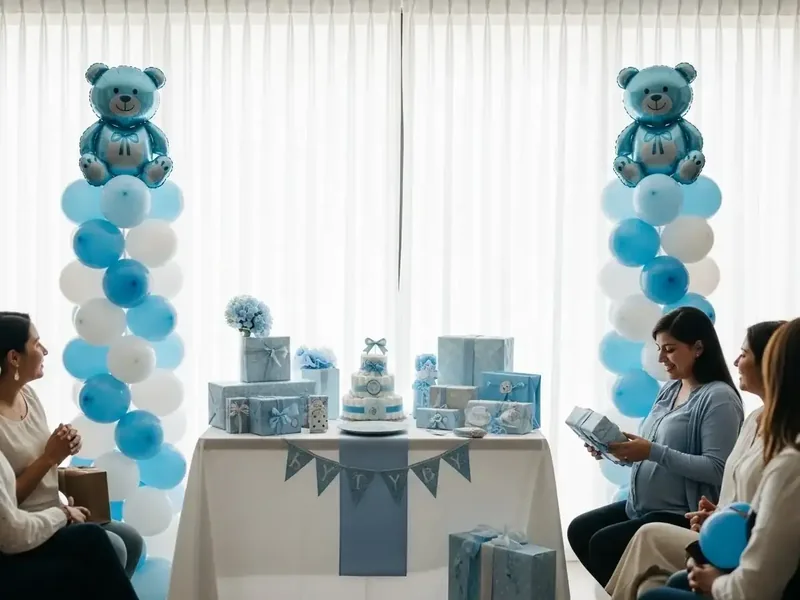 Columnas de globos azules y blancas con osito foil a los lados de la mesa de regalos y el pastel, en un baby shower de niño