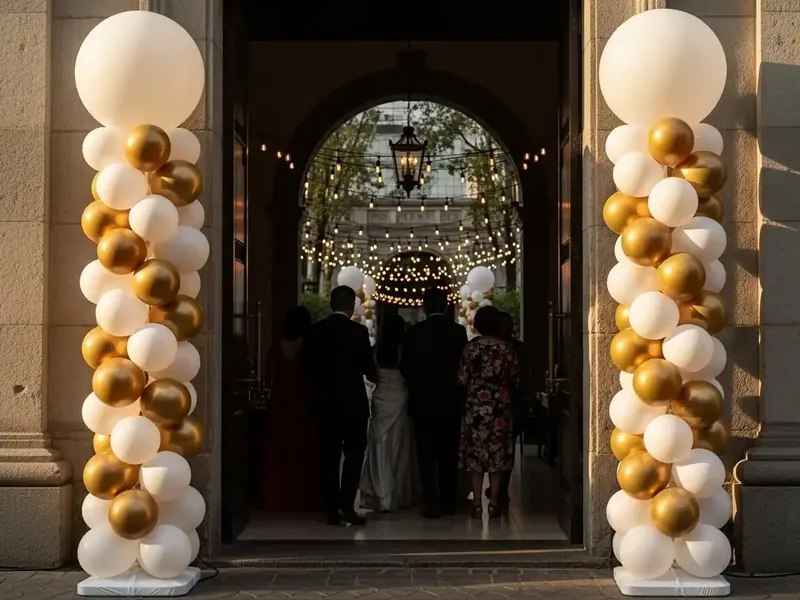 Dos columnas de globos blancos y dorado cromado rematadas con globo gigante en el portón de cantera de un salón iluminado