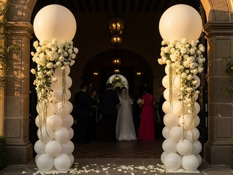 Columnas de globos blancos con globo gigante y cascada de rosas blancas y amaranto colgante en el portón de una hacienda, con la novia al fondo