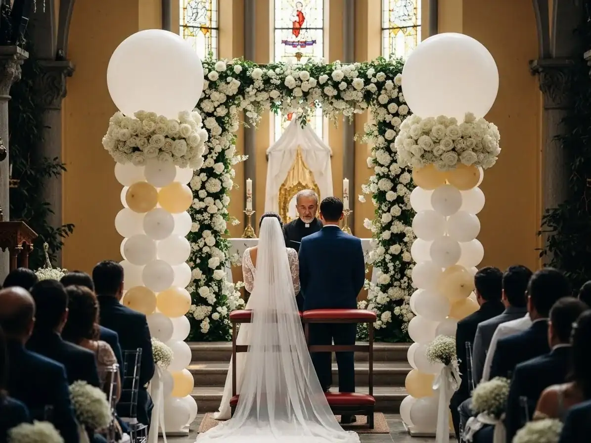 Columnas de globos blanco y dorado con flores artificiales enmarcando el altar de una ceremonia religiosa de boda