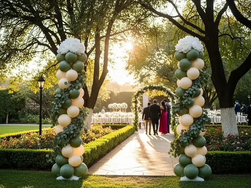 Columnas de globos en tonos sage y blanco con eucalipto bordeando el pasillo de una ceremonia de boda al aire libre al atardecer