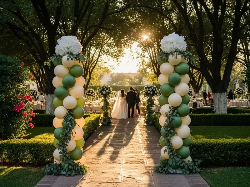 Hilera de columnas de globos en verde y blanco bordeando el camino de los novios en un jardín arbolado