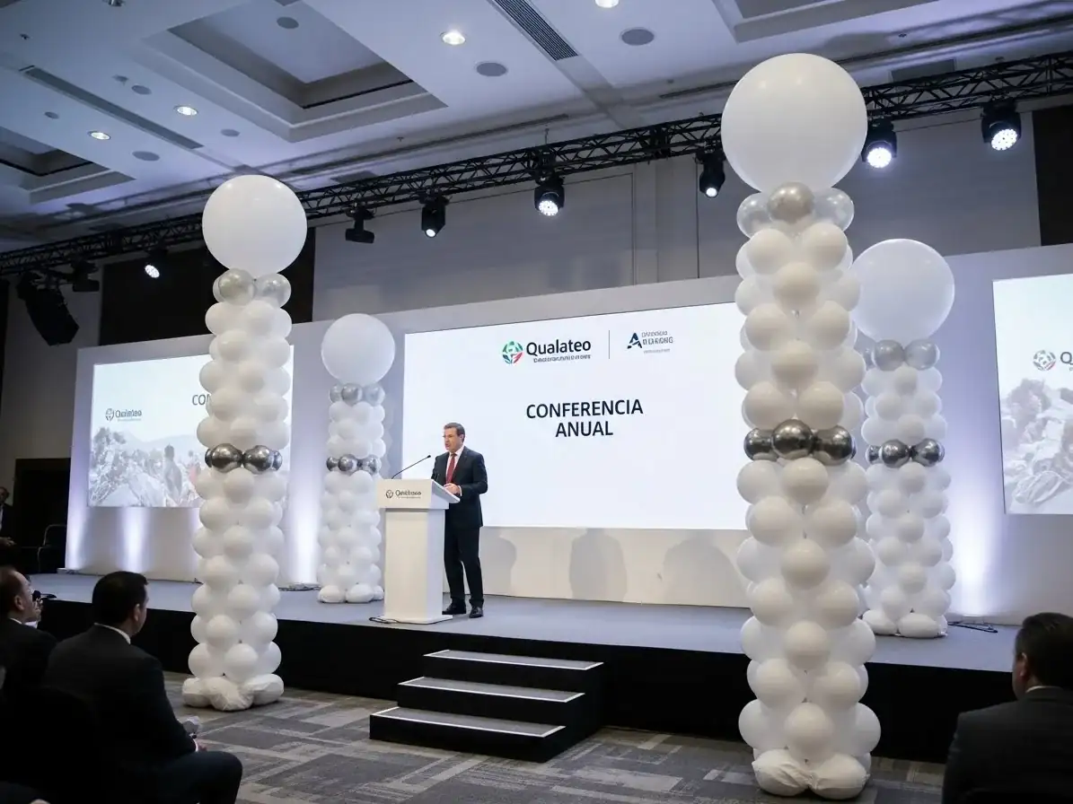 Columnas de globos blanco y plata para evento corporativo