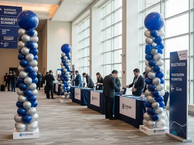 Columnas de globos azul y plata marcando el área de registro de una cumbre empresarial en un centro de convenciones