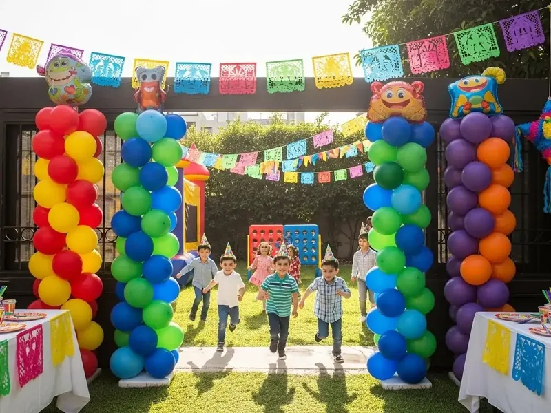 Columnas de globos en colores del arcoíris formando un corredor decorado con papel picado en una fiesta infantil al aire libre