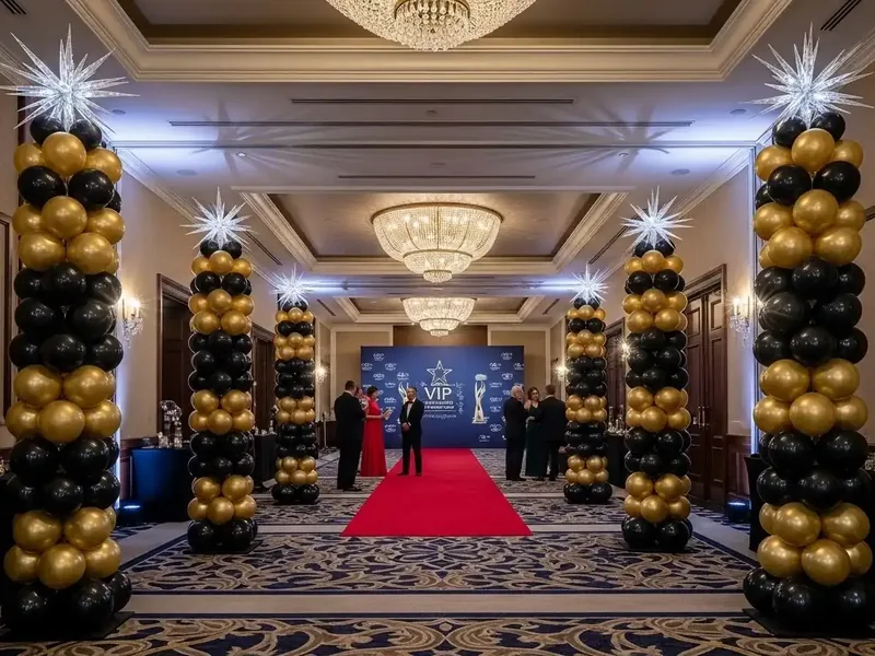 Columnas de globos negro y dorado con remates de estrella flanqueando la alfombra roja de una gala corporativa VIP