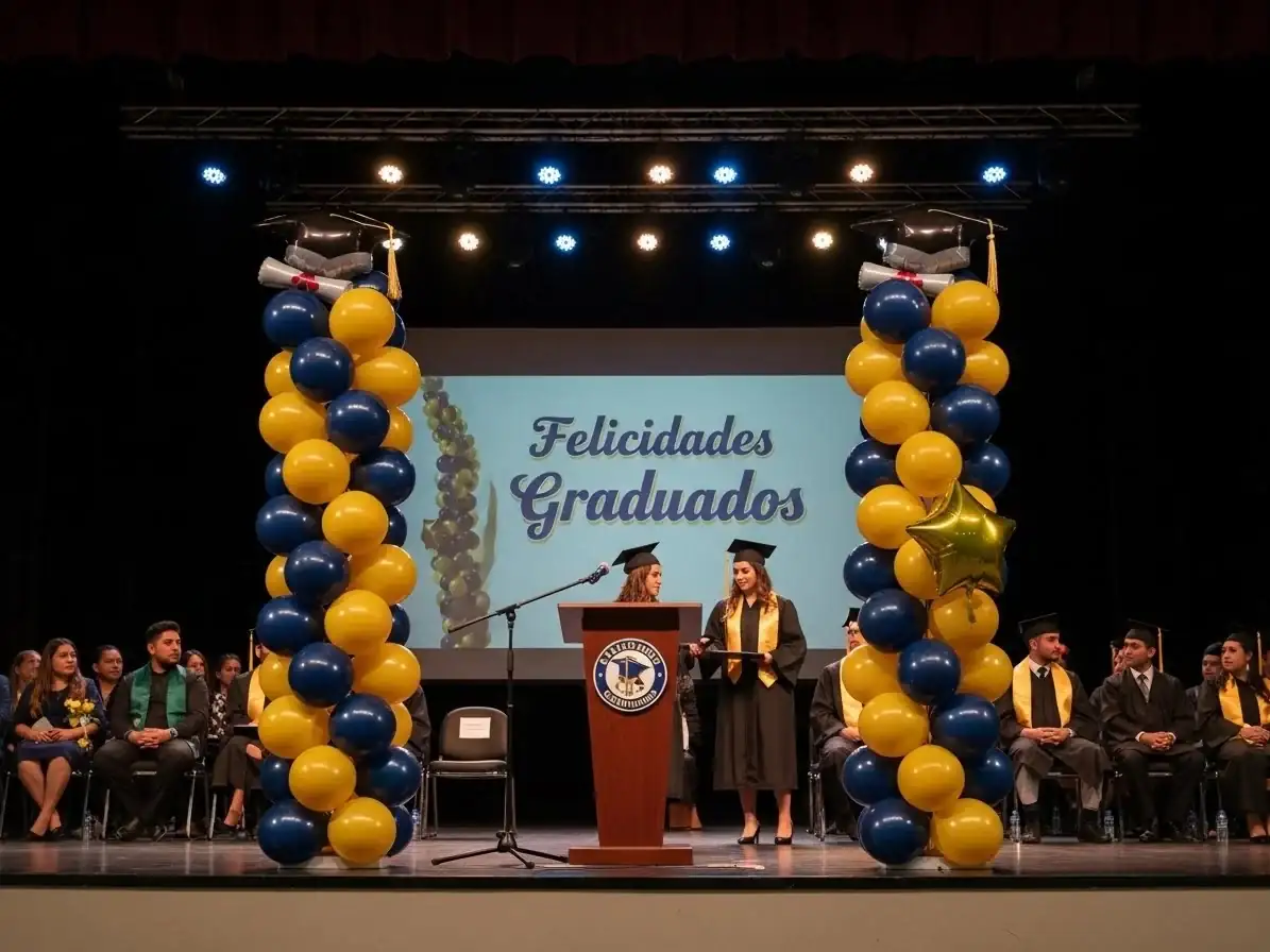 Columnas de globos azul marino y amarillo enmarcando el escenario de una ceremonia de graduación