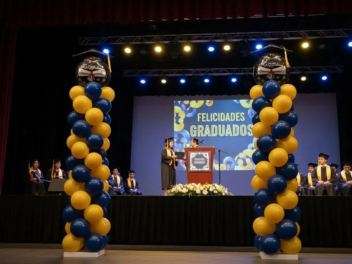 Columnas de globos dorado y azul para ceremonia de graduación en CDMX