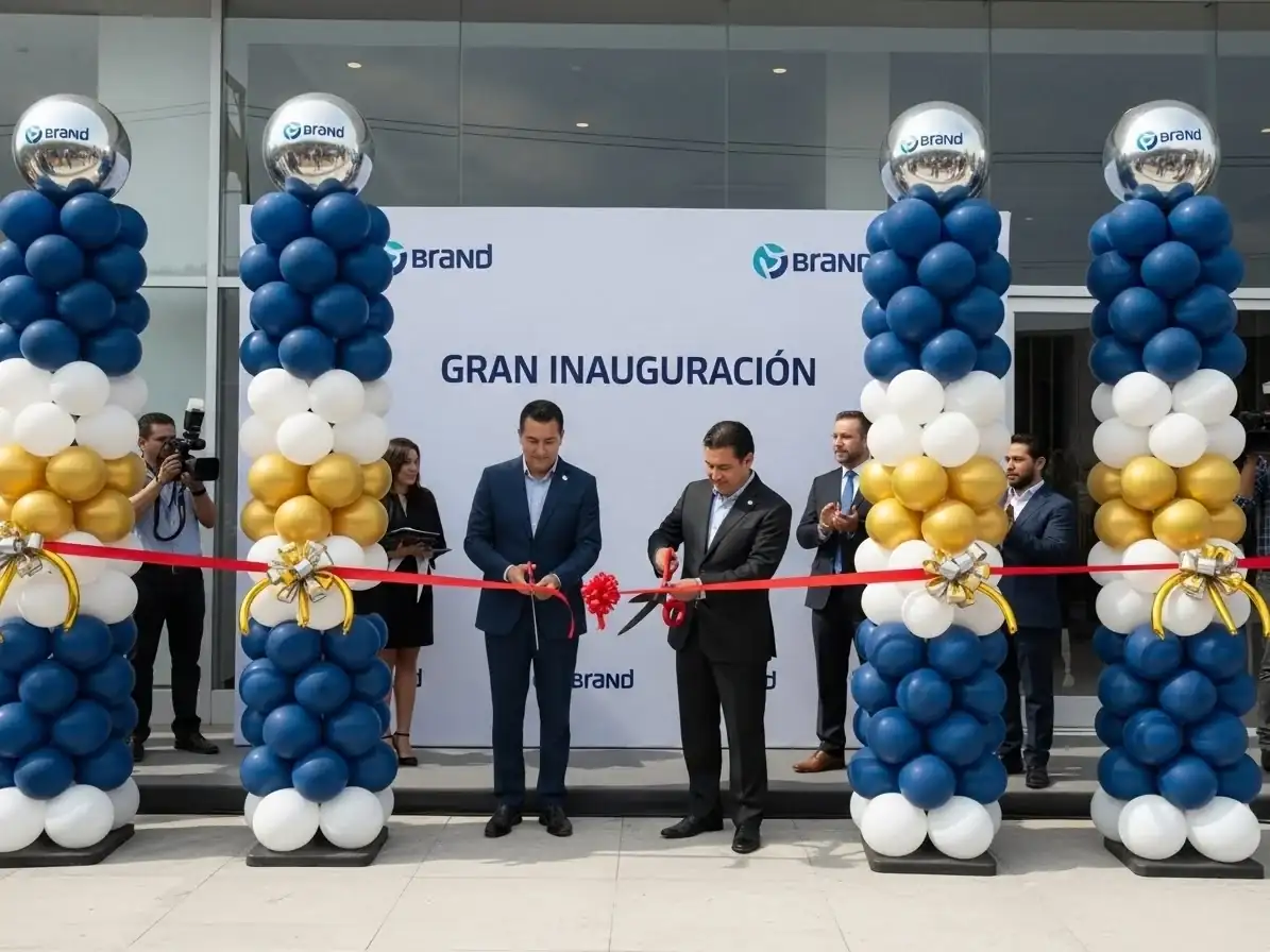 Columnas de globos azul y dorado para corte de listón e inauguración de empresa, CDMX