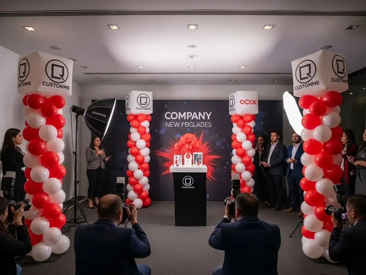 Columnas de globos rojo y blanco con logotipos personalizados en el lanzamiento de un producto ante prensa