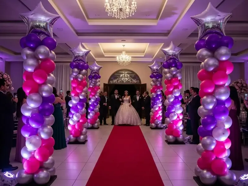 Columnas de globos fucsia, morado y plata con remates de estrella dando la bienvenida a una quinceañera sobre alfombra roja
