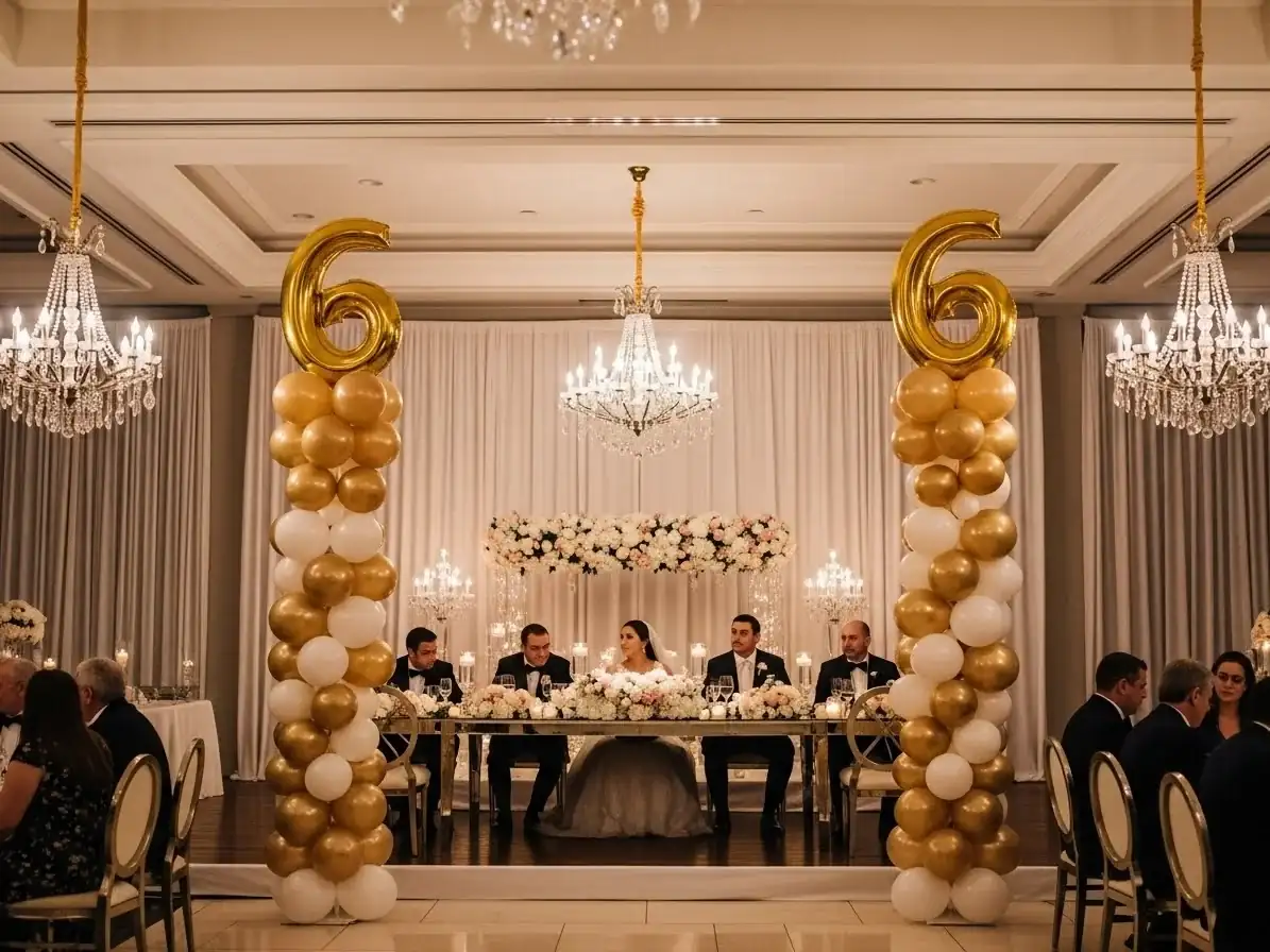 Columnas de globos dorado y blanco con número decorativo flanqueando la mesa de novios en una recepción de boda