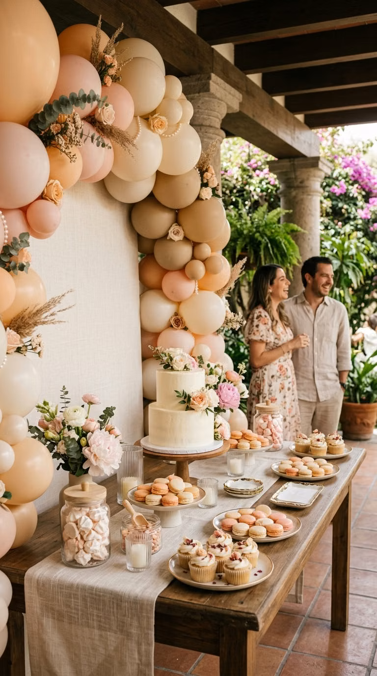 Guirnalda de globos en durazno, beige y dorado con flores secas y eucalipto sobre mesa de postres con pastel de dos pisos, macarons y cupcakes, en terraza con invitados al fondo