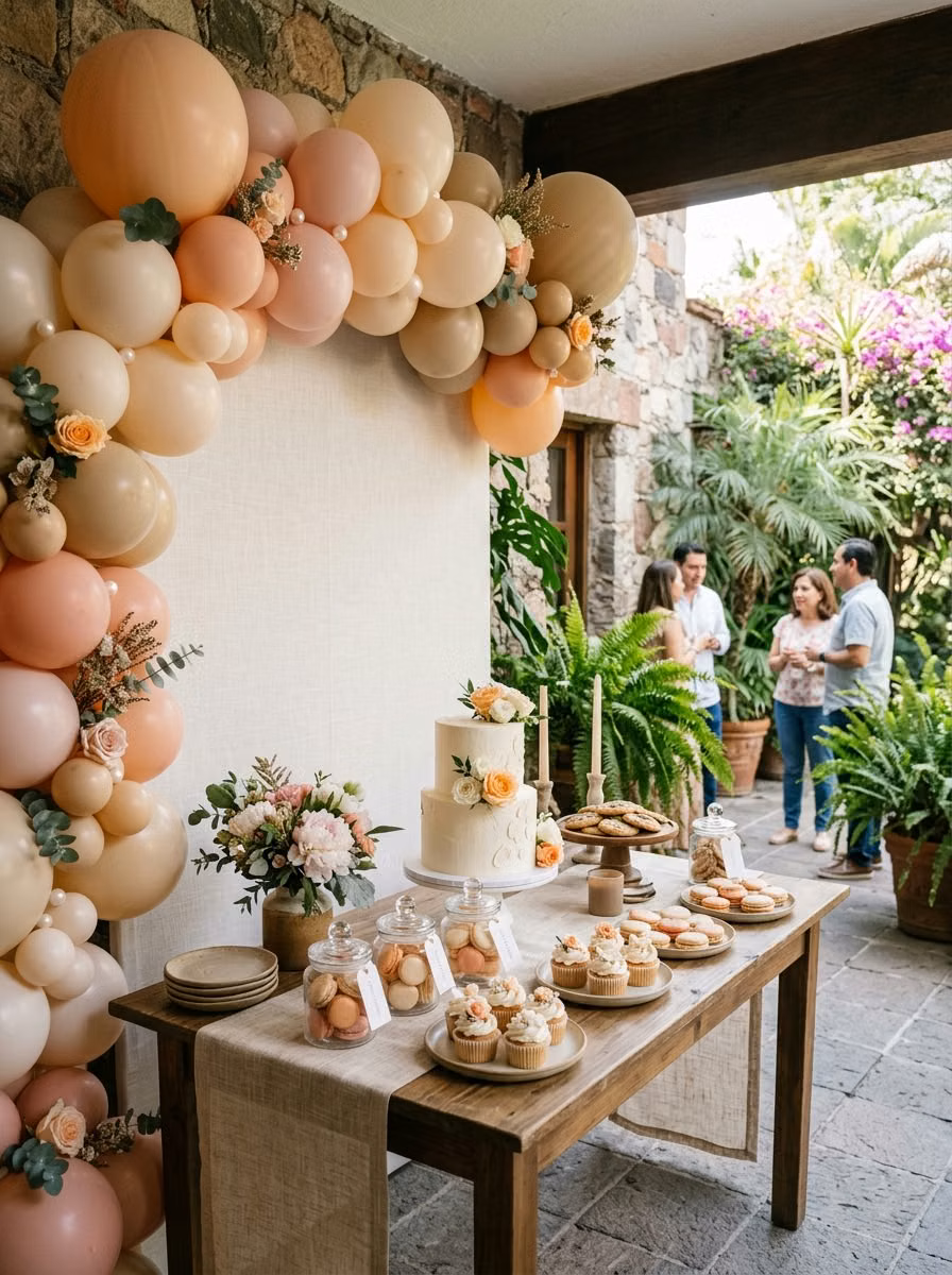 Mesa de baby shower con letrero y guirnalda de globos durazno y dorado con flores secas