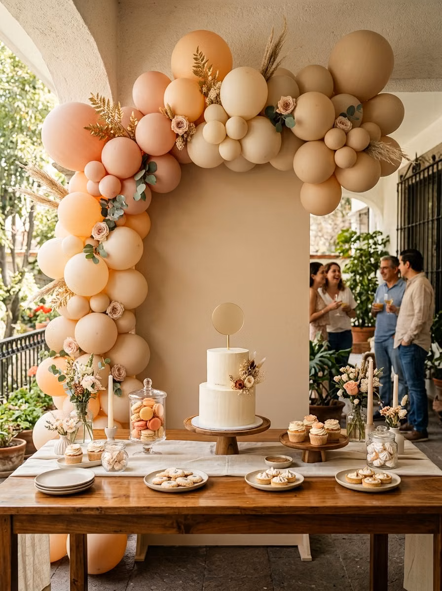Arco de globos en durazno, beige y dorado con flores secas y follaje sobre pastel de dos pisos y mesa de postres, con invitados conversando en el fondo