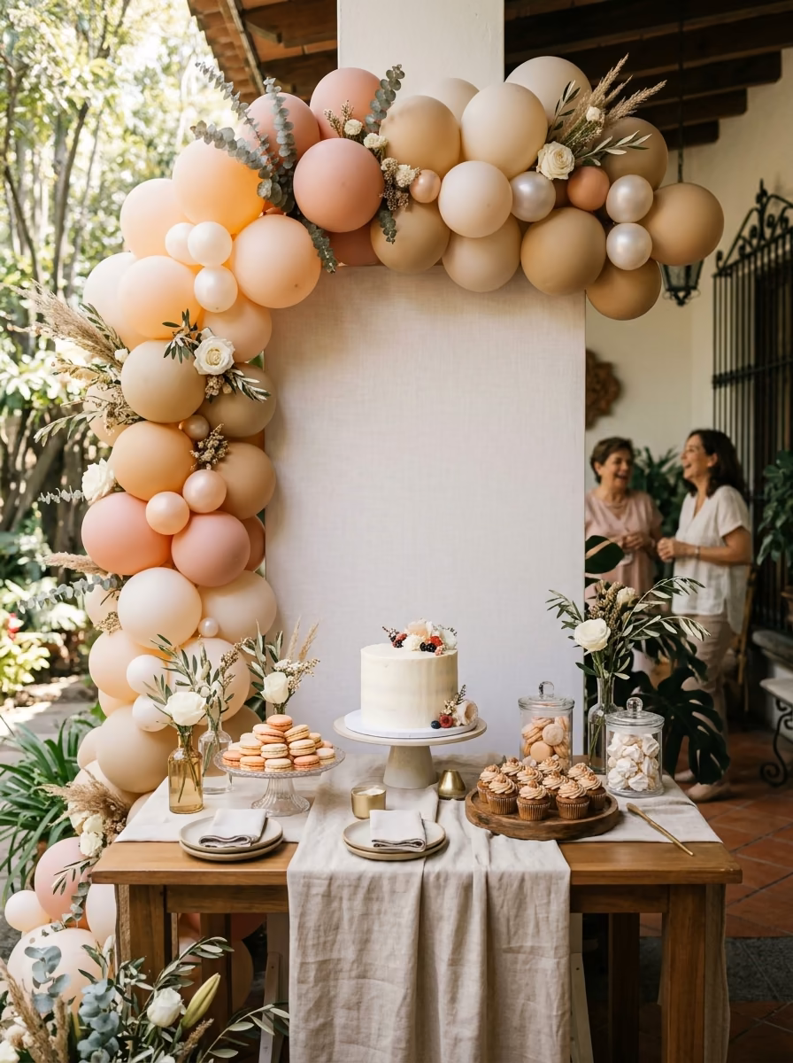 Mesa de postres de baby shower con guirnalda de globos durazno, dorado y flores secas