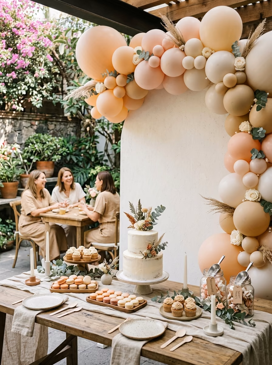 Guirnalda de globos tonos durazno y dorado sobre mesa de dulces de baby shower en jardín