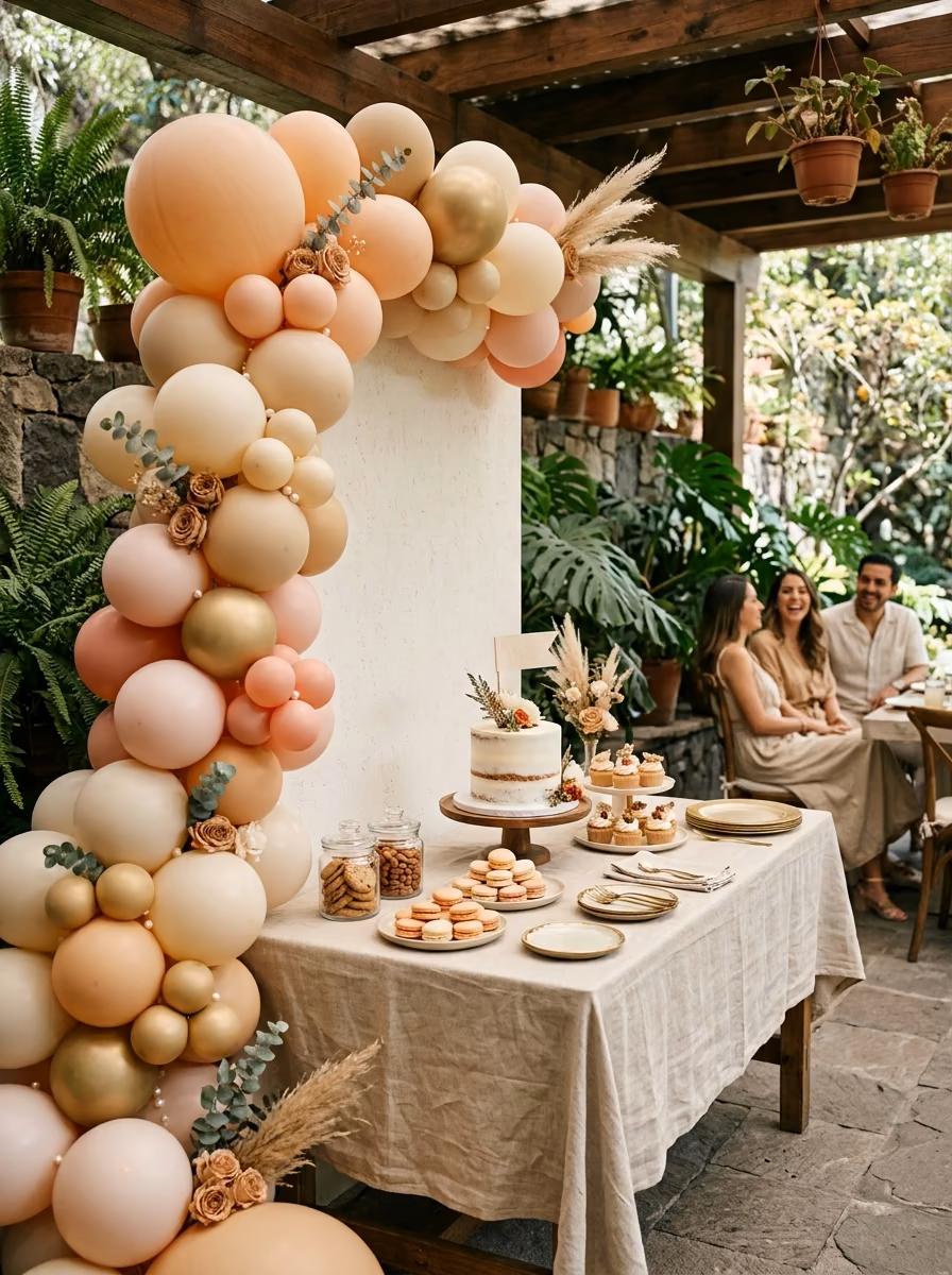 Guirnalda de globos color durazno y dorado enmarcando mesa de macarons y cupcakes de baby shower