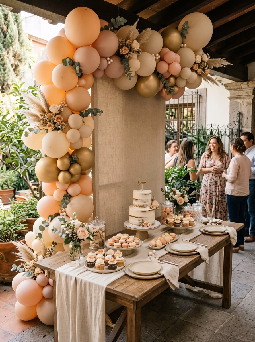 Detalle de guirnalda de globos color durazno, crema y dorado con flores secas para baby shower