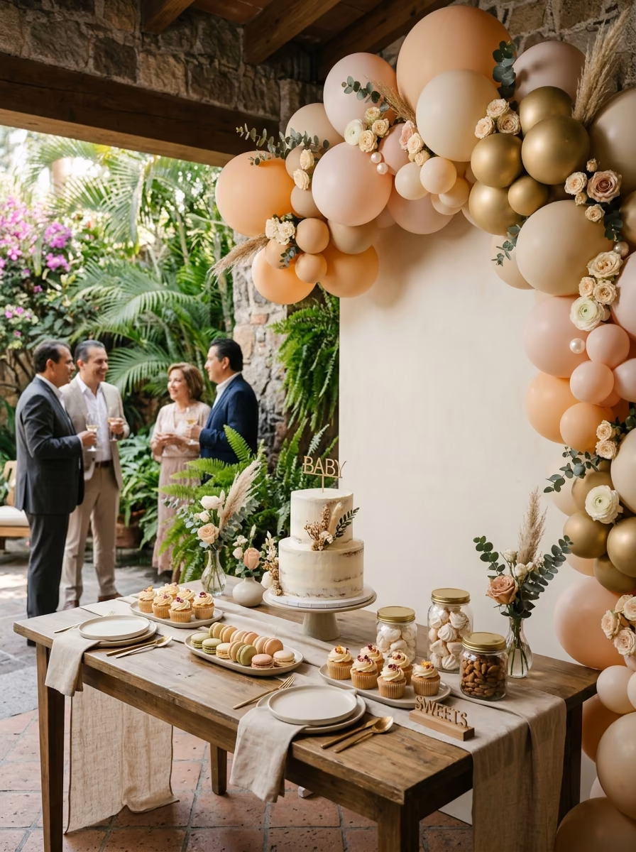 Guirnalda de globos en durazno, beige y dorado con rosas y eucalipto sobre mesa de postres con pastel decorado con letrero BABY, invitados brindando al fondo