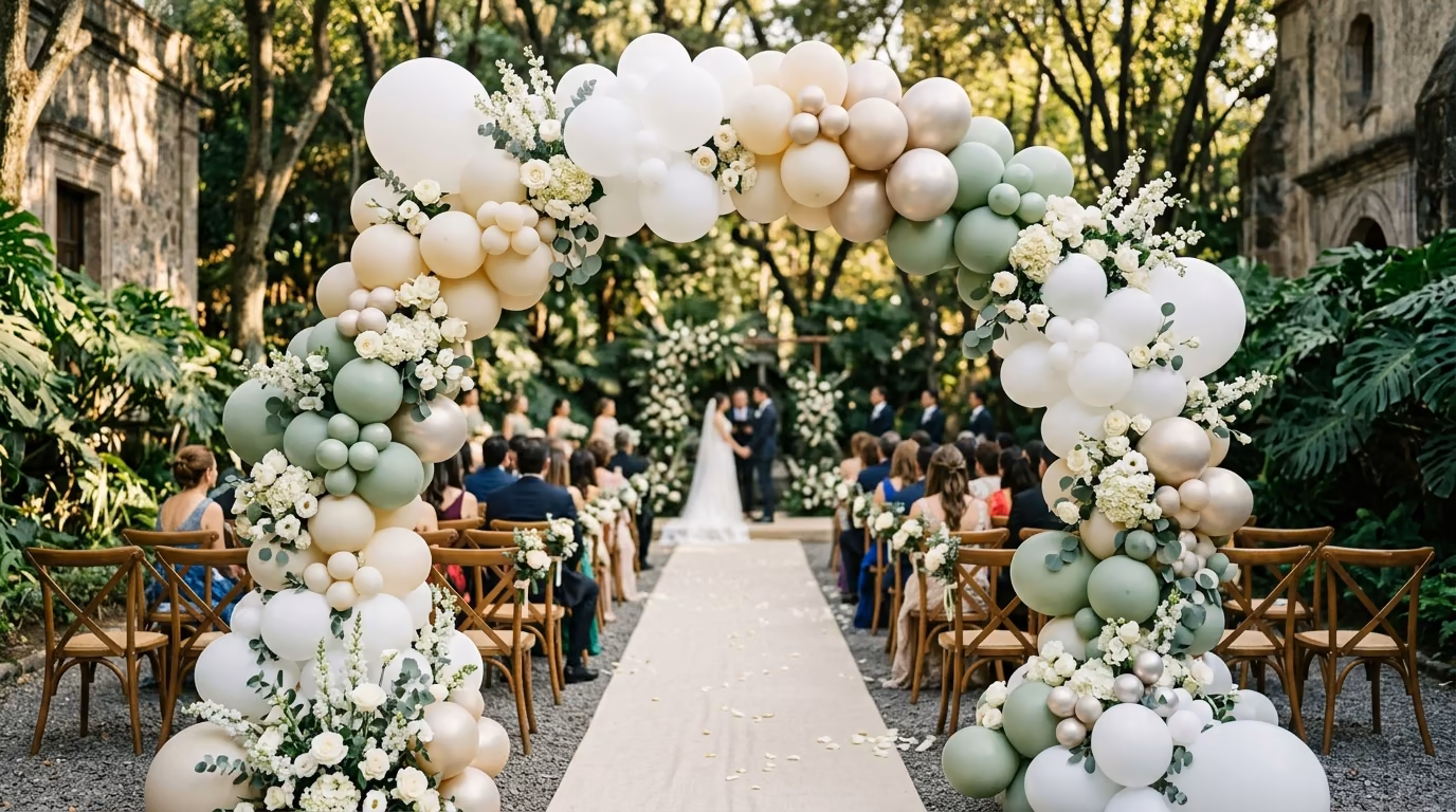 Novios de pie bajo arco de globos blanco, verde salvia y dorado cromado con flores blancas, durante su ceremonia de boda al aire libre en jardín de hacienda