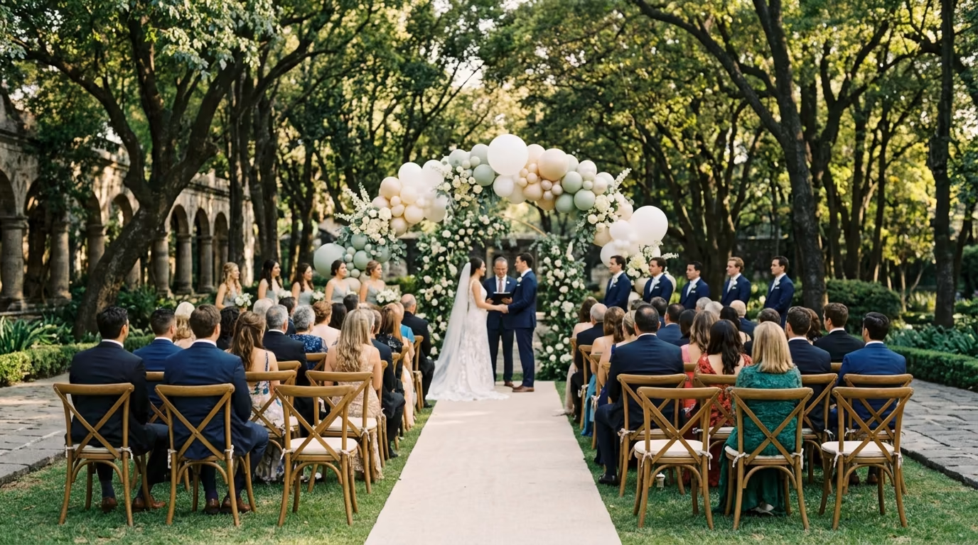 Vista amplia de la ceremonia de boda bajo arco de globos blanco y verde salvia, con invitados sentados en sillas de madera bajo árboles frondosos