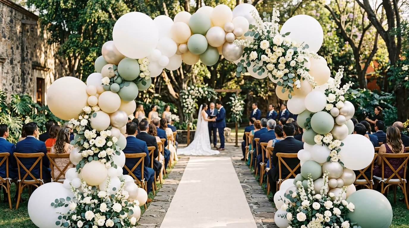 Novios tomados de la mano bajo arco de globos verde y blanco durante su ceremonia de boda