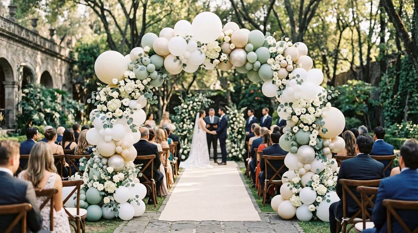 Invitados sentados junto a arco de globos verde y blanco durante ceremonia de boda en jardín, CDMX