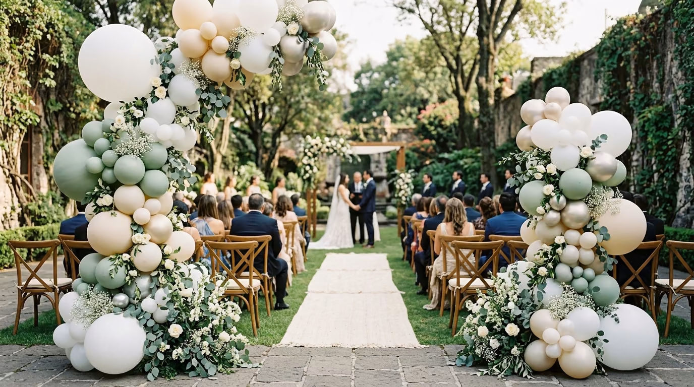 Detalle de arco de globos blanco, verde salvia y dorado cromado con abundante follaje de eucalipto y rosas blancas en primer plano, con la ceremonia de fondo