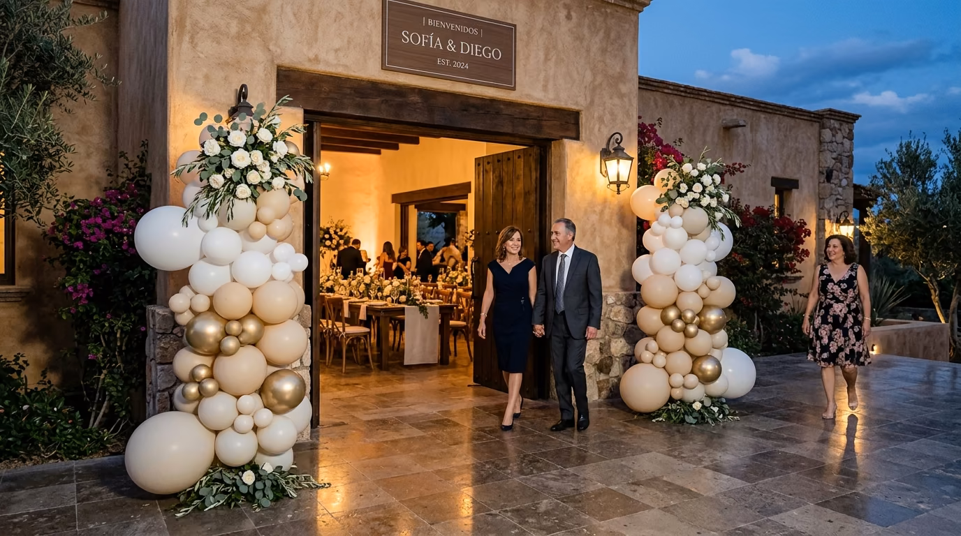 Columnas de globos marfil y dorado cromado con letrero de bienvenida en la entrada nocturna de una boda en hacienda, CDMX