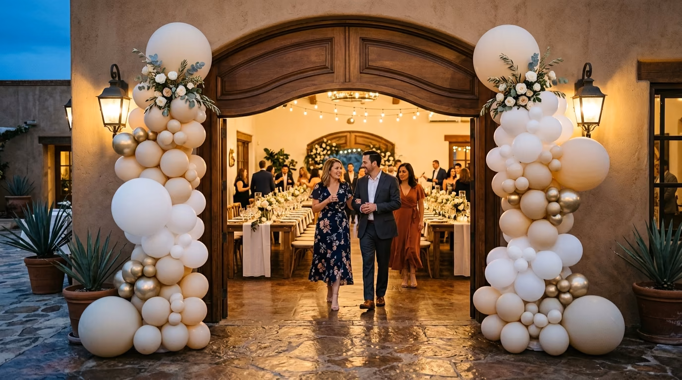 Pareja de invitados caminando tomados del brazo bajo columnas de globos blanco, marfil y dorado cromado con flores, en la entrada iluminada de una boda en hacienda al anochecer