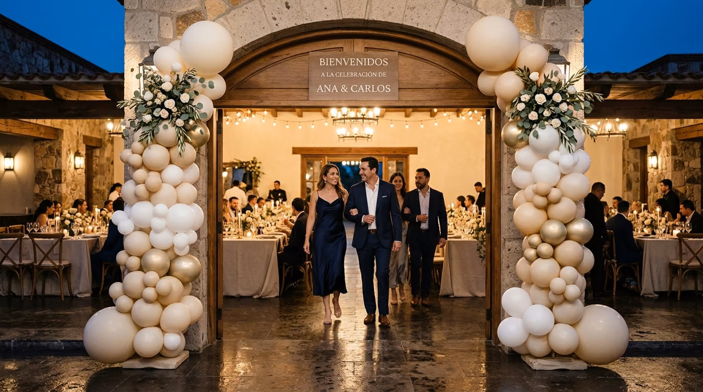 Invitados caminando entre columnas de globos marfil y dorado en la entrada de una boda en hacienda