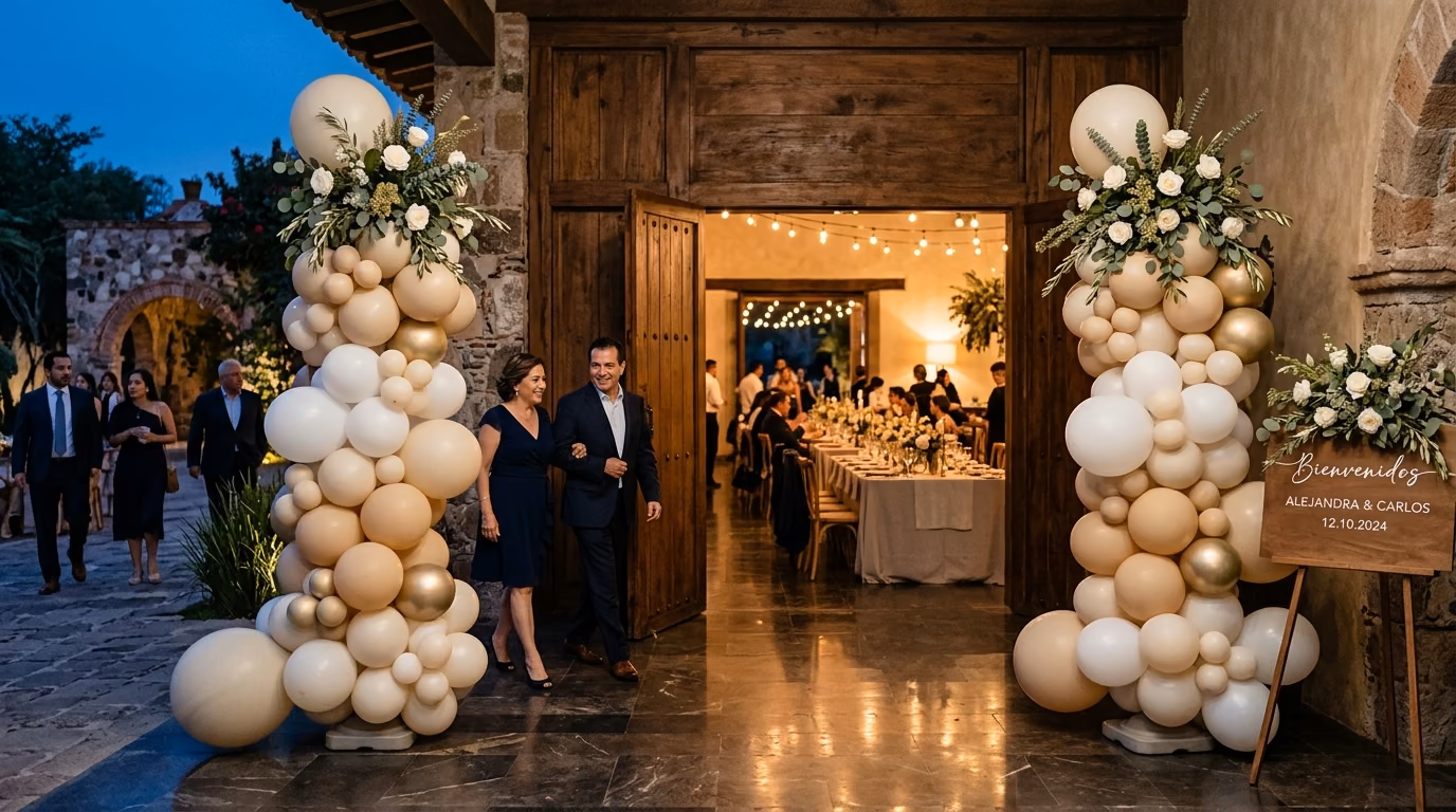 Columnas de globos blanco y dorado cromado con letrero de bienvenida a la boda, iluminación cálida nocturna