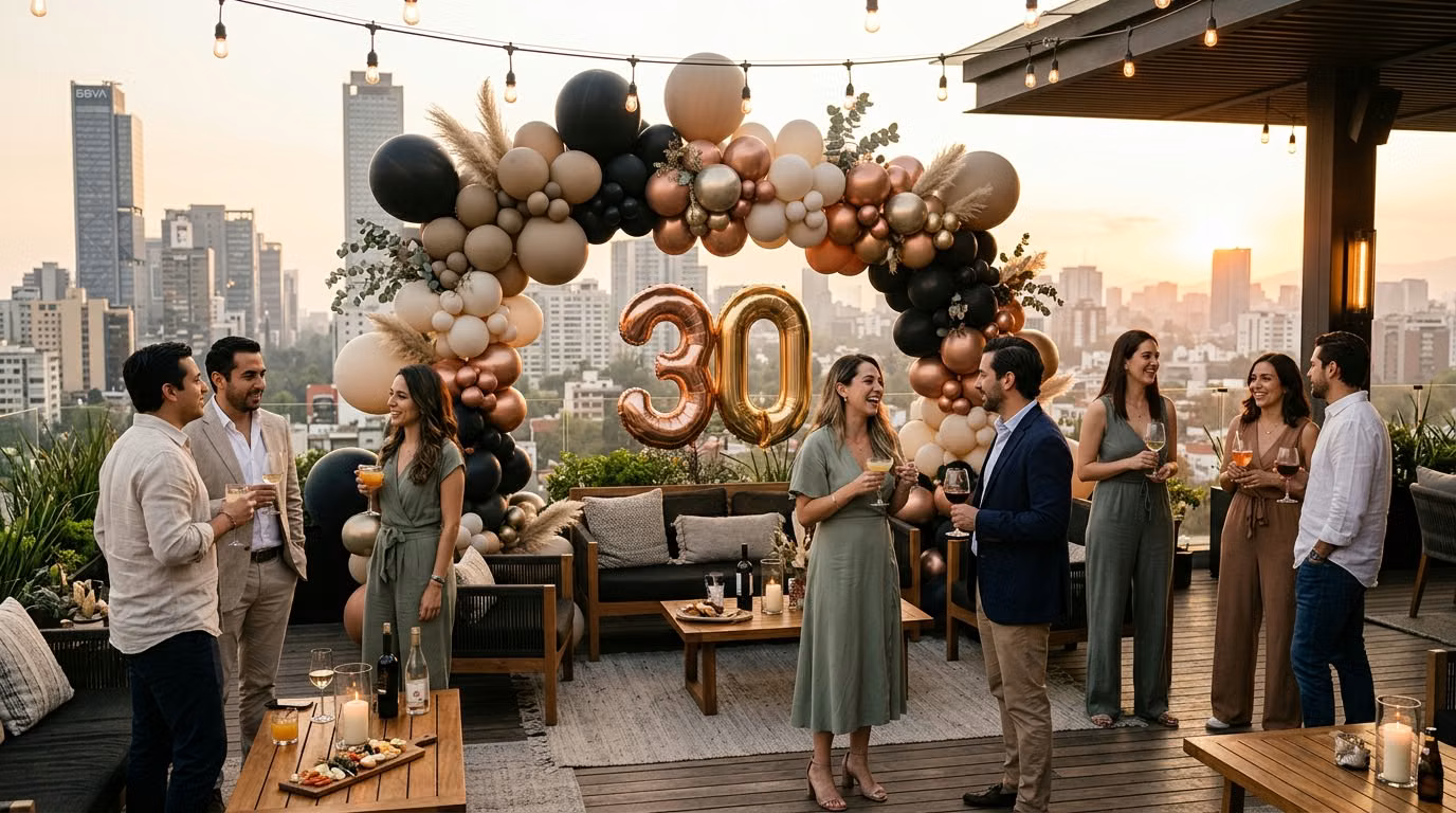 Arco de globos cobre y negro con número 30 gigante en fiesta de cumpleaños en rooftop CDMX