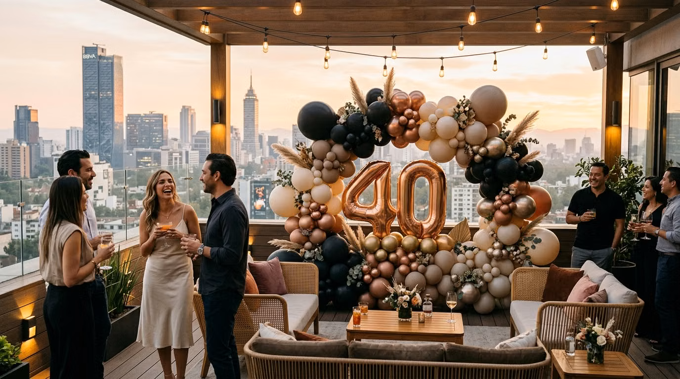 Grupo de amigos brindando en una terraza con arco de globos negro, cobre y crema con número 40 gigante y vista al skyline de la Ciudad de México al atardecer
