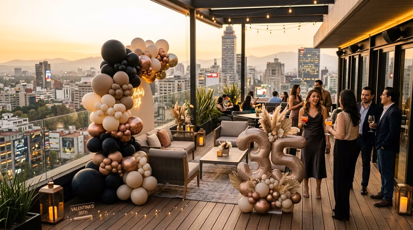 Arco de globos cobre, negro y crema con número 30 gigante en fiesta de cumpleaños en rooftop de CDMX