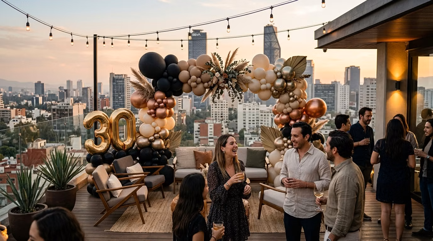 Grupo de amigos brindando junto a arco de globos negro, crema y dorado con número 30 gigante en rooftop con vista panorámica de la Ciudad de México al atardecer