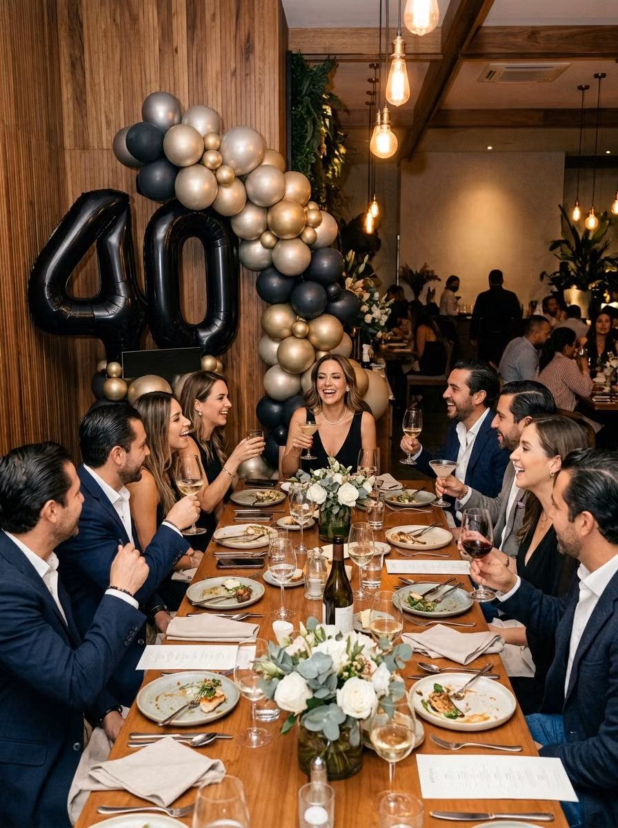 Columna de globos negro y dorado con número 40 gigante en cena de cumpleaños en restaurante