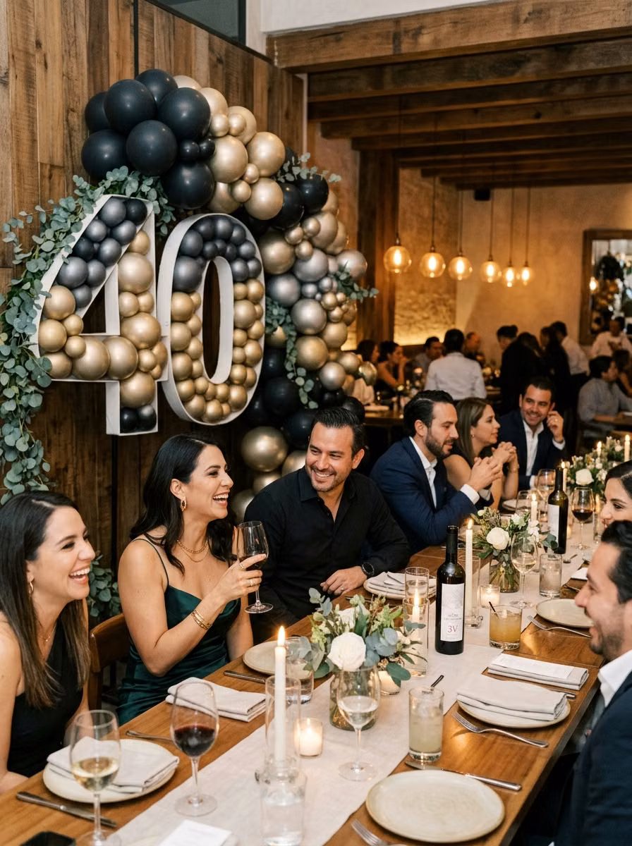 Invitados brindando junto a columna de globos negro y dorado con número 40 en cena de restaurante