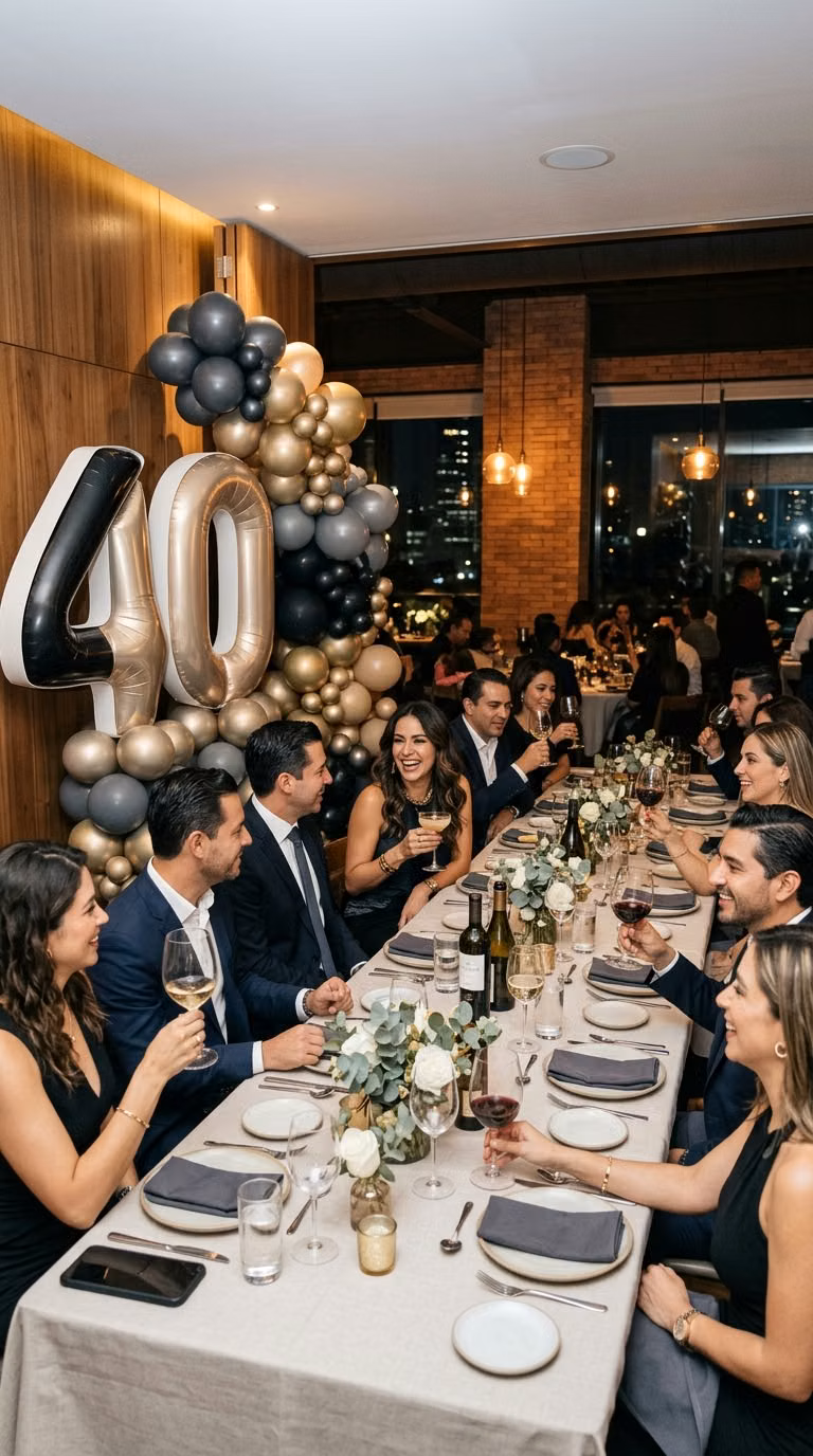 Invitados brindando en una cena de cumpleaños número 40 junto a columna de globos negro y dorado cromado, con ventanales y vista nocturna de la ciudad