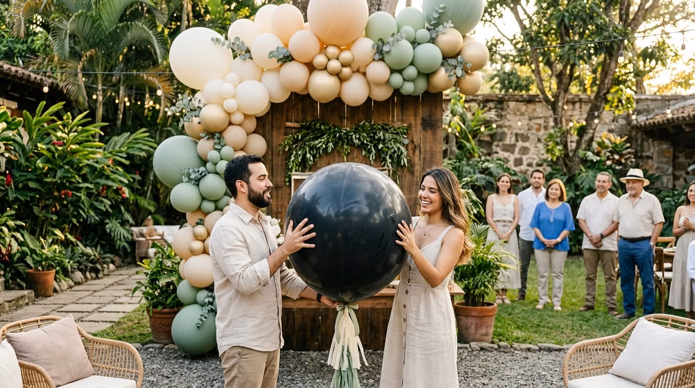 Pareja embarazada sosteniendo globo gigante negro relleno de confeti para revelar el sexo del bebé